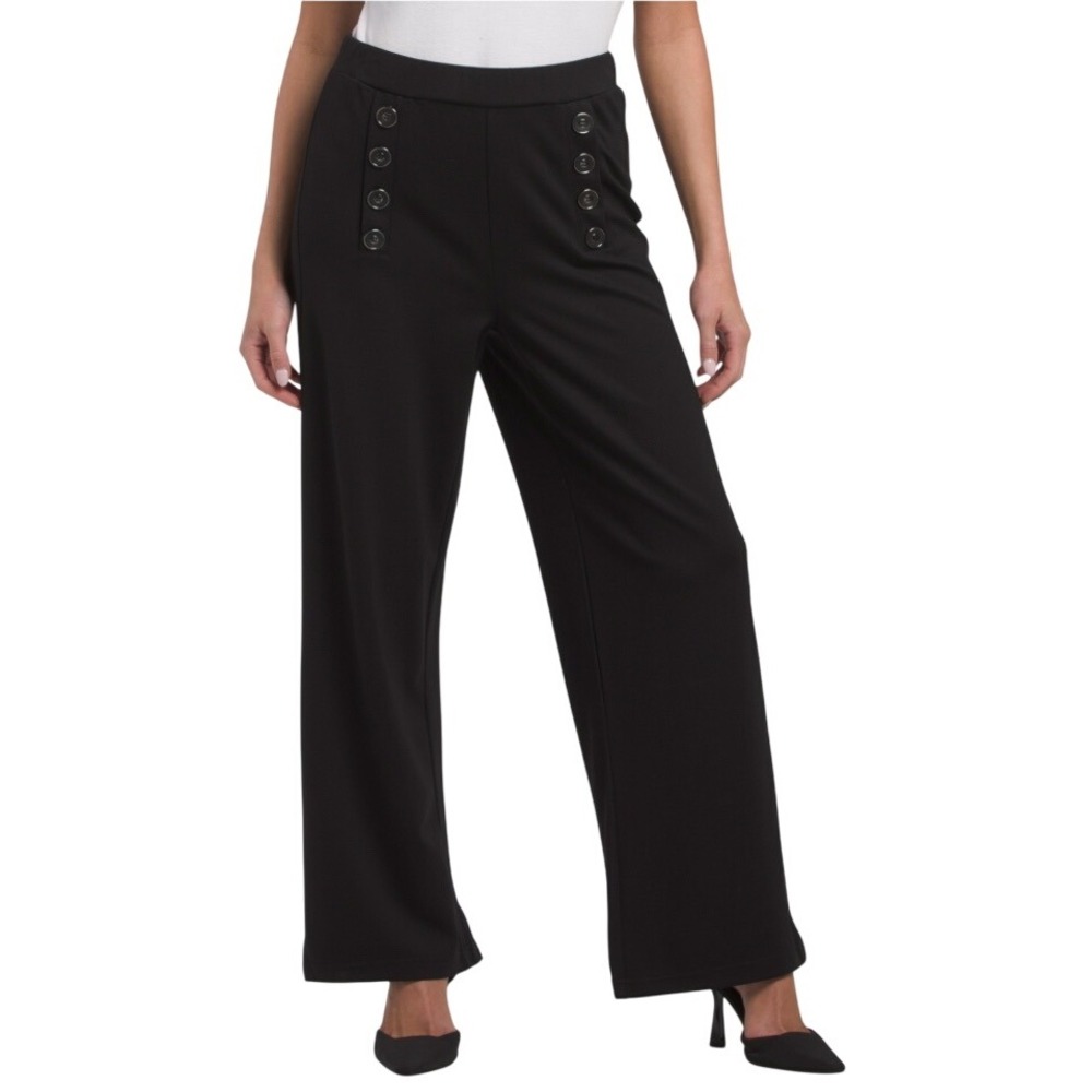 Ellen Tracy Wide-Leg‎ Black Pants Sz L Pull-On Sailor Button Detail NWT